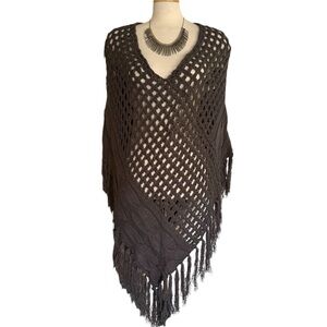 Decree Open-Knit Fringe Poncho - armory gray